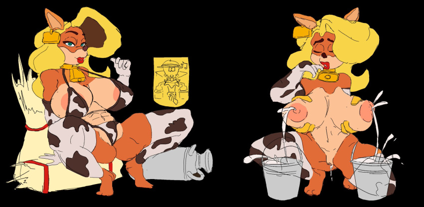 activision animal_print anthro big_breasts bikini bodily_fluids breast_milking breasts butt clothing cow_print crabtopus crash_bandicoot_(series) doctor_neo_cortex duo female fur genitals hi_res human lactating male male/female mammal pussy swimwear tawna_bandicoot video_games