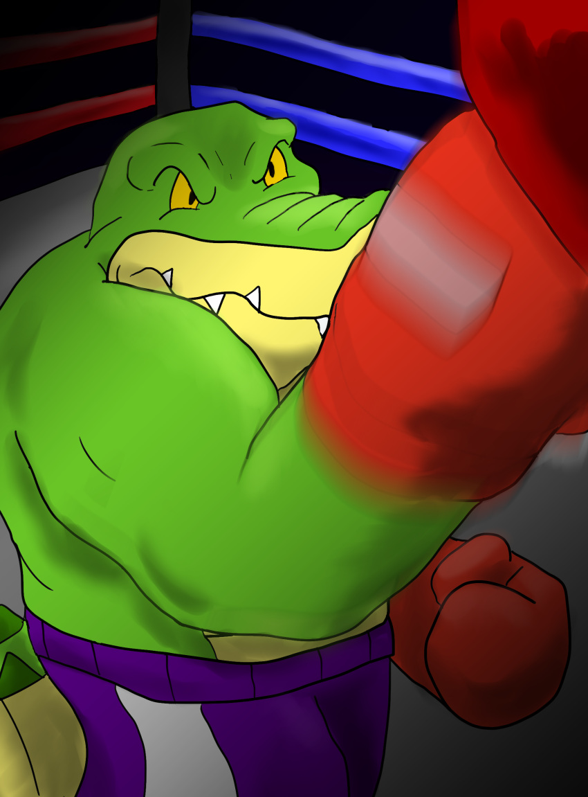 2021 absurd_res alligator alligatorid anthro biped bottomwear boxing_gloves brok_(character) brok_the_investigator clothing crocodilian fighting_ring green_body handwear hi_res reptile scalie shorts solo swordtee40 video_games