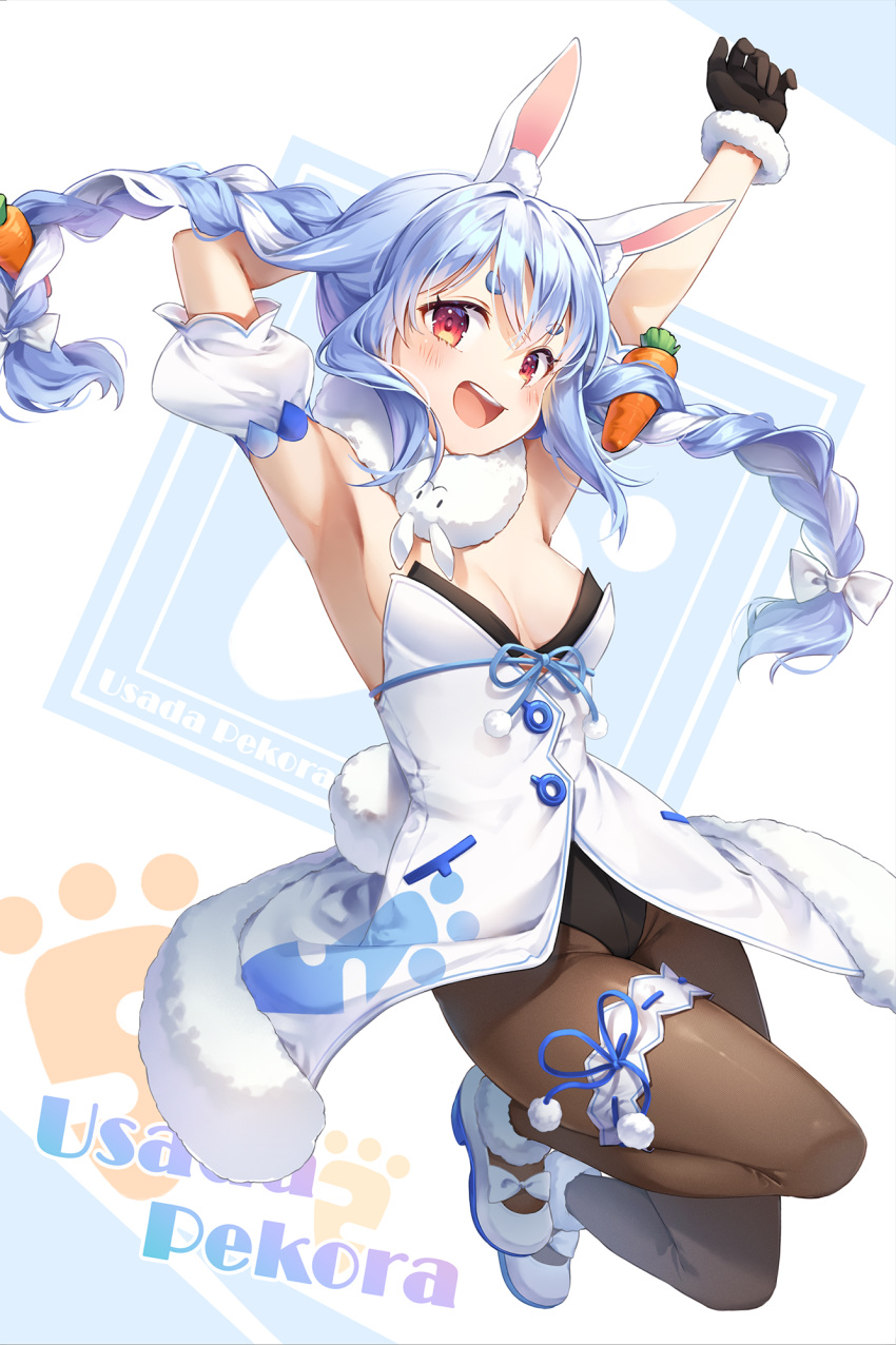 1girl :d animal_ears arm_behind_head arm_garter arm_up armpits bare_shoulders black_gloves blush braid breasts brown_pantyhose carrot_hair_ornament character_name cleavage don-chan_(usada_pekora) food-themed_hair_ornament gloves hair_ornament highres hololive ika_(4801055) looking_at_viewer medium_breasts open_mouth pantyhose rabbit_ears rabbit_tail red_eyes shoes smile solo tail teeth twin_braids upper_teeth usada_pekora virtual_youtuber white_footwear