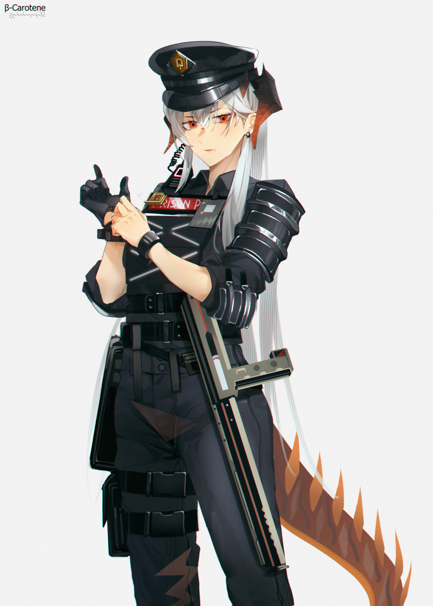 1girl absurdres adjusting_clothes adjusting_gloves arknights bangs black_gloves black_headwear black_pants black_shirt closed_mouth collared_shirt commentary earrings english_commentary gloves grey_background grey_hair gun hair_between_eyes hands_up hat highres horns jewelry long_hair long_sleeves looking_at_viewer lufi_ays pants peaked_cap red_eyes saria_(arknights) saria_(the_law)_(arknights) shirt simple_background single_glove solo spiked_tail tail very_long_hair weapon weapon_request