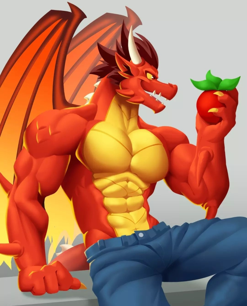 anjing_kampuss anthro clothed clothing dragon dragon_city flame_dragon food hi_res horn male membrane_(anatomy) membranous_wings partially_clothed red_body red_scales scales scalie simple_background socialpoint solo wings yellow_body yellow_eyes yellow_scales