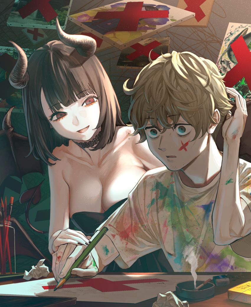 1boy 1girl bangs black_dress black_hair black_horns black_nails breasts canvas_(object) choker cigarette cleavage demon demon_girl demon_horns demon_tail demon_wings drawing dress eraser green_eyes hand_on_another's_hand highres holding holding_pencil horns light_brown_hair matsu_bokkuri medium_breasts medium_hair nail_polish original paint_on_clothes paint_stains pencil red_eyes short_hair smoke tail wings
