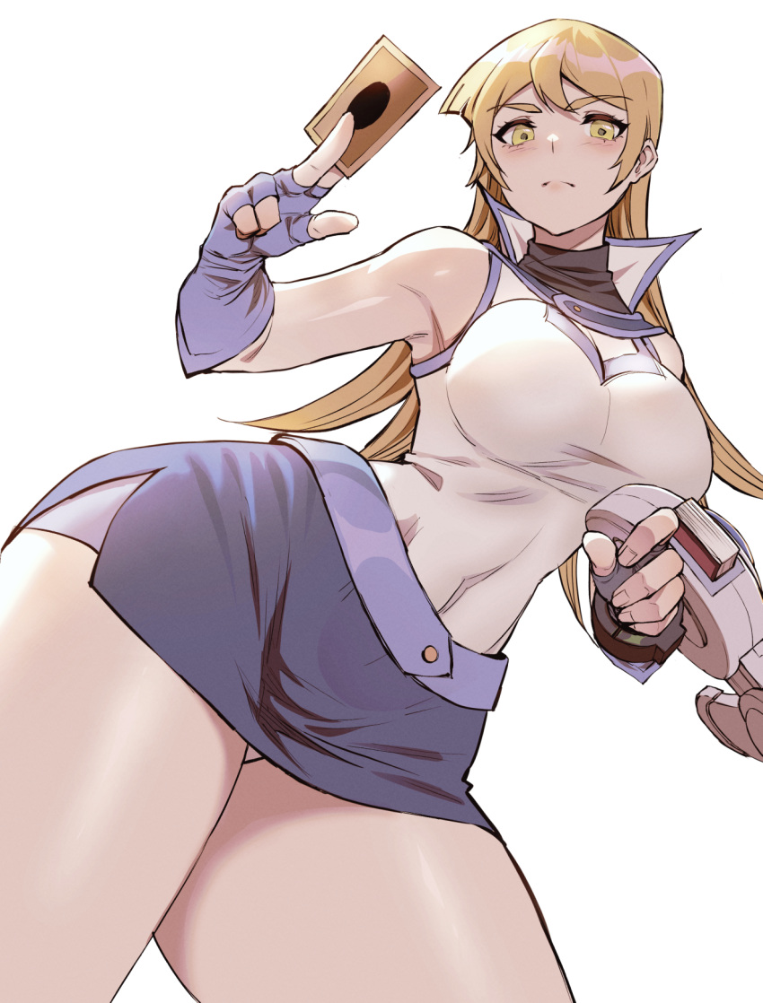 1girl blonde_hair breasts carcass_(artist) card duel_disk fingerless_gloves gloves highres large_breasts long_hair looking_at_viewer miniskirt panties skirt sleeveless solo tenjouin_asuka underwear yellow_eyes yu-gi-oh! yu-gi-oh!_gx