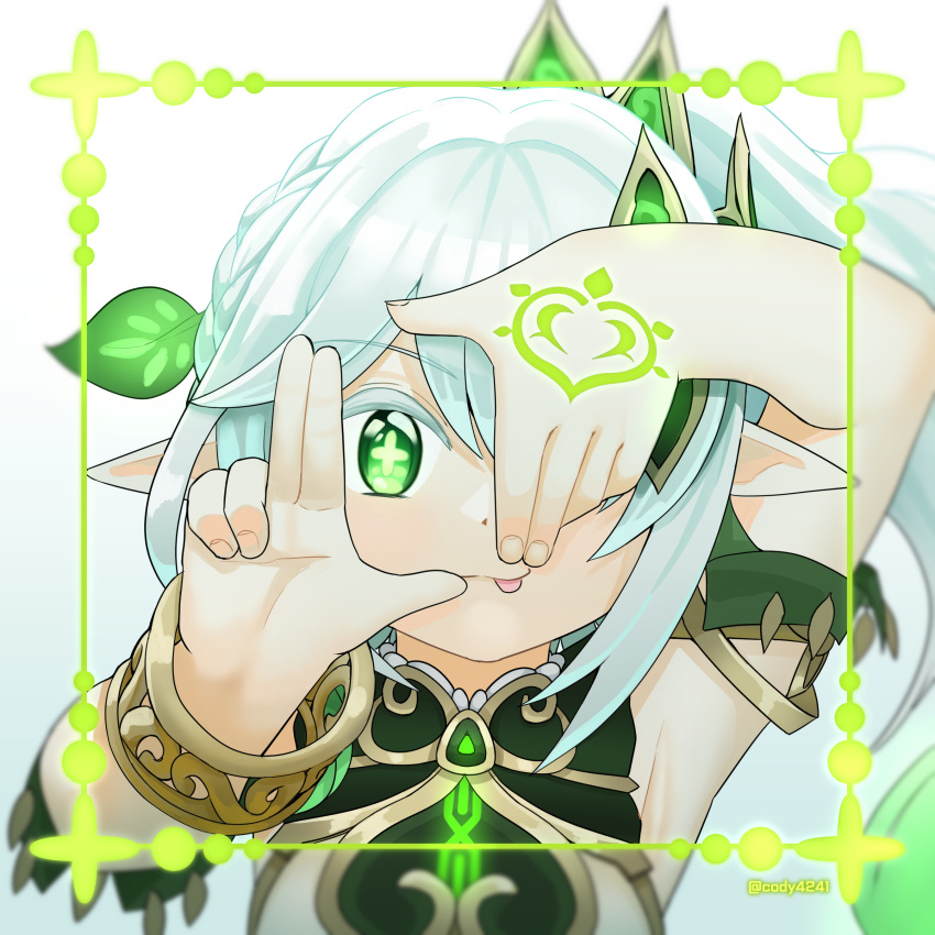 1girl ;p absurdres armpits bangs bracelet commentary_request detached_sleeves finger_frame framed_image genshin_impact gradient_hair green_eyes hair_between_eyes hair_ornament highres jewelry kodineun_haengbokhada long_hair looking_at_viewer multicolored_hair nahida_(genshin_impact) one_eye_closed pose short_sleeves side_ponytail sidelocks solo symbol-shaped_pupils tongue tongue_out white_background white_hair