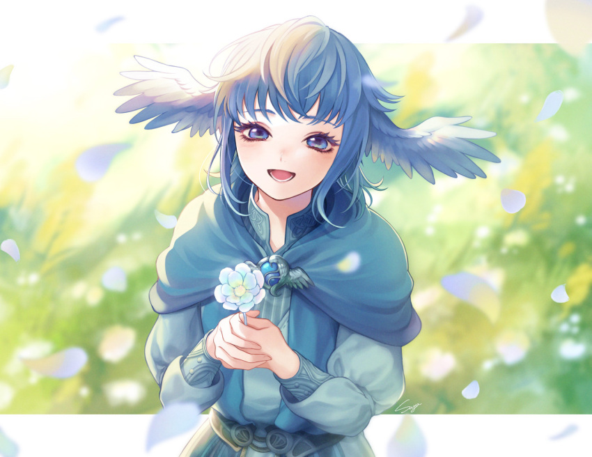 1girl :d bangs bird_wings blue_capelet blue_dress blue_eyes blue_flower blue_gemstone blue_hair blurry brooch capelet day depth_of_field dress falling_petals feathered_wings final_fantasy final_fantasy_xiv flower gem grass happy head_wings high_collar holding holding_flower jewelry letterboxed long_sleeves looking_at_viewer meteion open_mouth outdoors outside_border own_hands_together petals short_hair signature smile solo suyamii upper_body wings