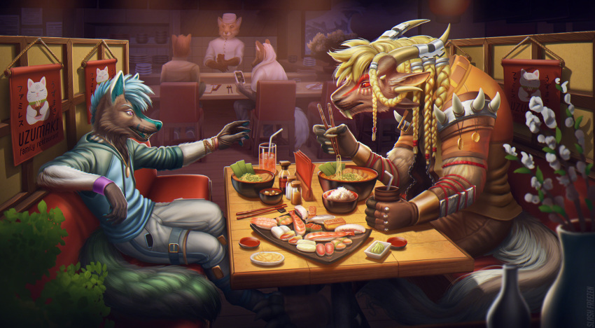 anthro artist_name beverage blonde_hair blue_body blue_clothing blue_fur blue_hair blue_hoodie blue_topwear bottomwear brown_body brown_bottomwear brown_clothing brown_fur brown_pants chair clothed clothing duo_focus flower food front_view fur furniture glistening glistening_eyes green_body green_fur green_tail grey_body grey_bottomwear grey_clothing grey_fur grey_pants grey_tail group hair hat headgear headwear hi_res hoodie inside male mouth_closed noodles on_chair open_mouth orange_clothing orange_topwear pants plant purple_eyes rear_view red_sclera restaurant side_view sitting slash_freezen species_request spiked_shoulderpads sushi topwear white_clothing white_flower white_hat white_headwear white_topwear wristband