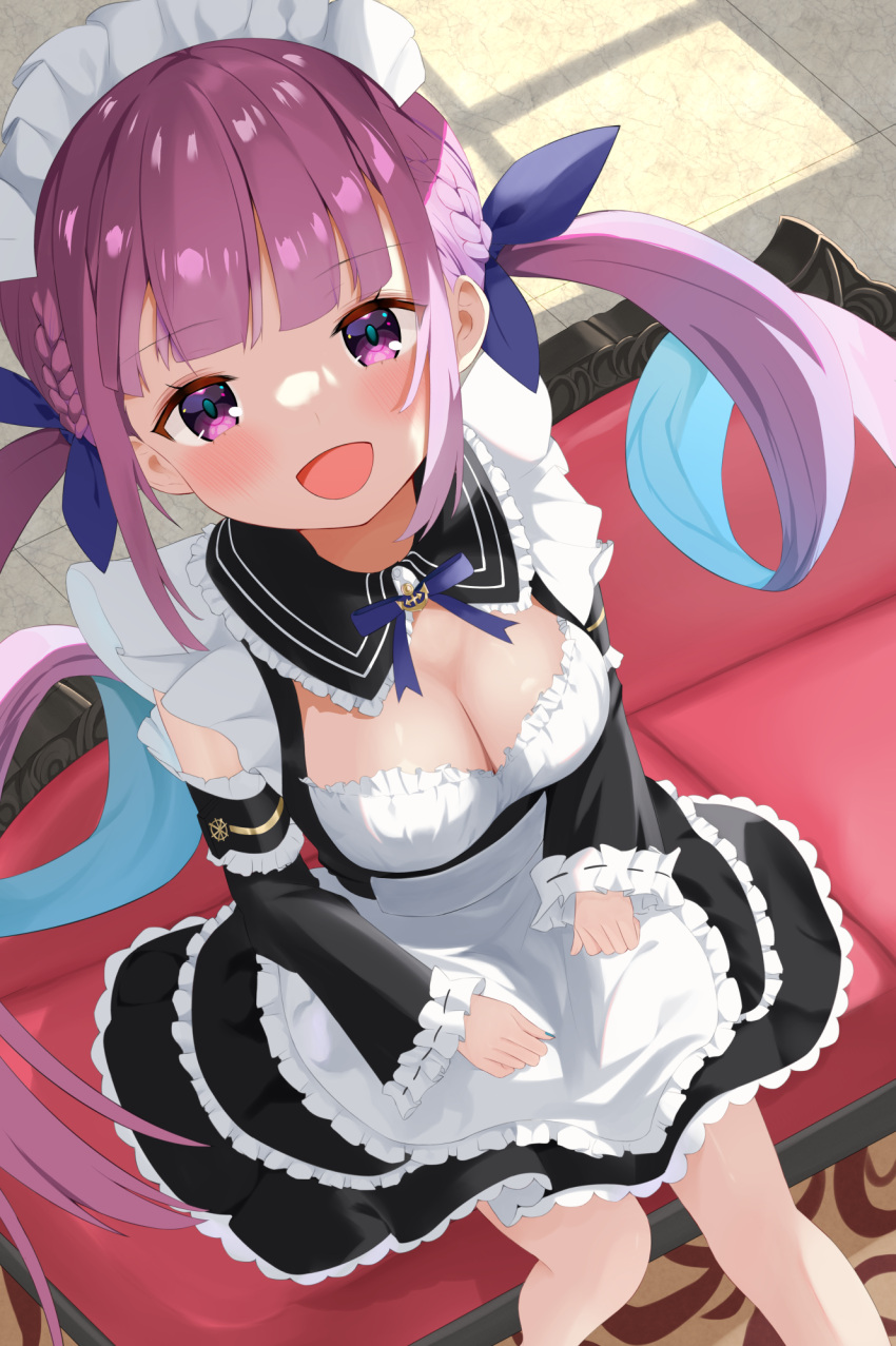 1girl :d anchor_symbol apron bangs black_dress black_sleeves blue_hair blue_nails blue_ribbon blunt_bangs blush braid breasts cleavage colored_inner_hair couch detached_sleeves dress feet_out_of_frame french_braid frilled_apron frilled_dress frilled_sleeves frills from_above hair_ribbon highres hololive indoors kanetsu-shiki_sueki long_hair maid maid_headdress medium_breasts minato_aqua multicolored_hair open_mouth purple_eyes purple_hair ribbon sitting smile solo tile_floor tiles twintails very_long_hair virtual_youtuber waist_apron
