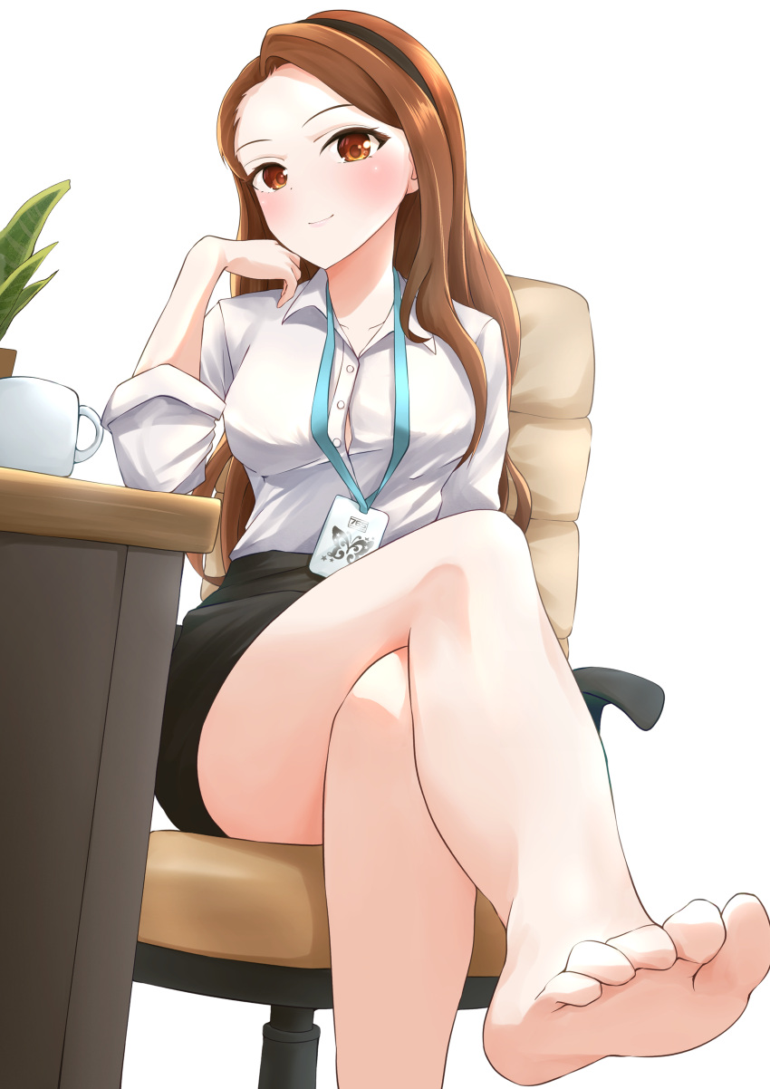 1girl absurdres b1ack_illust bare_legs barefoot black_skirt blush breasts brown_hair button_gap coffee_mug crossed_legs cup feet foot_focus forehead foreshortening highres idolmaster idolmaster_(classic) idolmaster_million_live! lanyard long_hair looking_at_viewer medium_breasts minase_iori mug office_lady on_chair open_collar pencil_skirt shirt simple_background sitting skirt smile soles solo straight_hair toes very_long_hair white_shirt