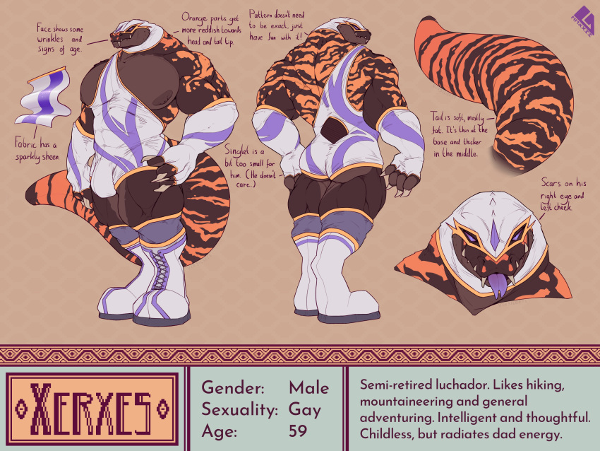 2022 abs absurd_res anthro biceps big_bulge blep boots brown_body brown_scales brown_stripes bulge butt claws clothing english_text finger_claws footwear forked_tongue gila_monster grey_claws helodermatid hi_res lizard looking_at_viewer lucha_libre_mask luchador male mask mature_anthro mature_male maxydont model_sheet multicolored_body multicolored_boots multicolored_clothing multicolored_footwear multicolored_scales muscular muscular_anthro muscular_male nipples orange_body orange_scales orange_stripes pecs purple_boots purple_clothing purple_eyes purple_footwear purple_tongue reptile scales scalie scar signature simple_background smile solo sports_mask sportswear standing stated_homosexuality stated_sexuality stripes tan_background teeth text thick_tail thick_thighs tongue tongue_out two_tone_body two_tone_boots two_tone_clothing two_tone_footwear two_tone_scales watermark white_boots white_clothing white_footwear wrestler wrestling wrestling_mask wrestling_singlet xerxes_(maxydont)