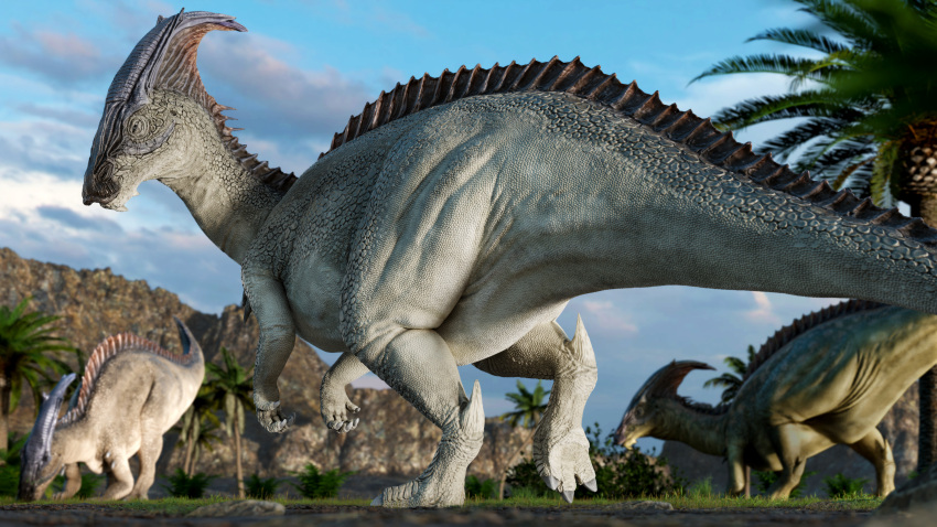 16:9 2022 3d_(artwork) 4k absurd_res ambiguous_gender ark_survival_evolved bedroom_eyes claws detailed_background digital_media_(artwork) dinosaur eating feral grass grey_body grey_scales group hadrosaurid half-closed_eyes hi_res horn ivorylagiacrus looking_at_viewer looking_back looking_back_at_viewer low-angle_view narrowed_eyes ornithischian outside palm_tree parasaurolophus parasaurolophus_amphibio plant presenting reptile scales scalie seductive solo_focus theropod thick_thighs tree video_games walking widescreen