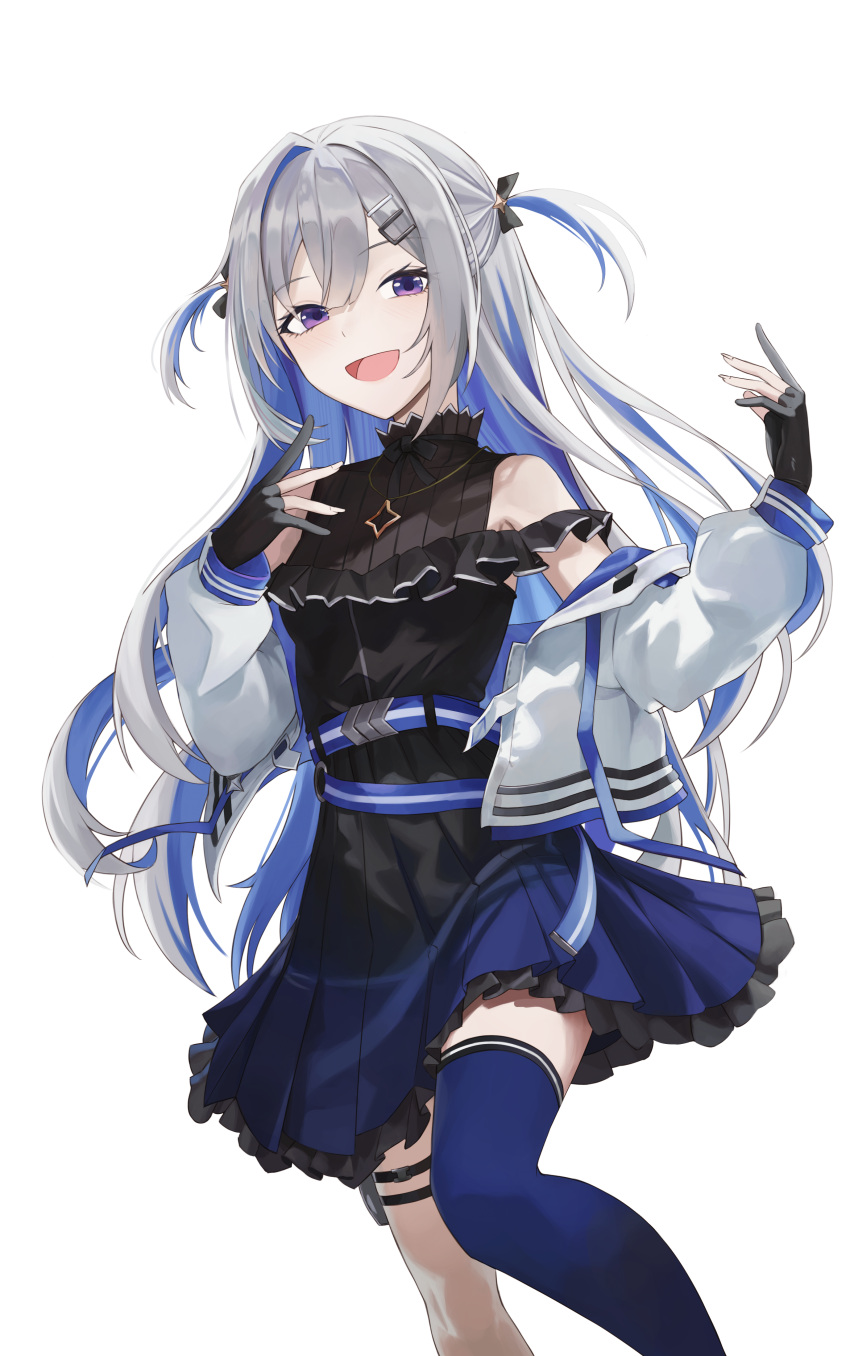 1girl :d absurdres amane_kanata black_gloves blue_skirt gloves grey_hair hair_ornament hairclip highres hololive jacket jewelry necklace partially_fingerless_gloves purple_eyes simple_background single_thighhigh skirt smile solo standing thigh_strap thighhighs virtual_youtuber white_background white_jacket yt9676