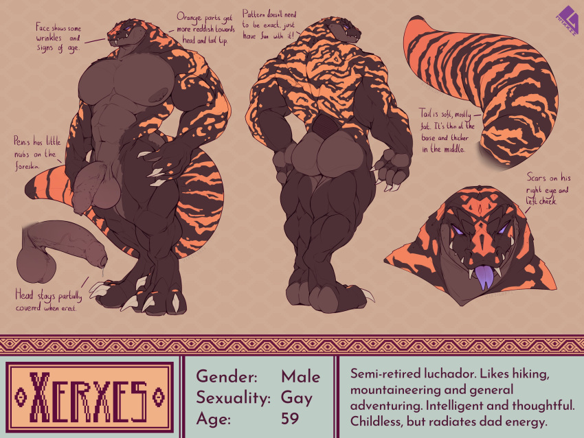 2022 abs absurd_res anthro balls biceps big_balls big_penis blep bodily_fluids brown_body brown_scales brown_stripes butt claws dripping english_text erection finger_claws foreskin forked_tongue genital_fluids genitals gila_monster grey_claws helodermatid hi_res humanoid_genitalia humanoid_penis lizard looking_at_viewer male mature_anthro mature_male maxydont model_sheet multicolored_body multicolored_scales muscular muscular_anthro muscular_male nipples nude orange_body orange_scales orange_stripes pecs penis precum precum_drip purple_eyes purple_tongue reptile scales scalie scar signature simple_background smile solo standing stated_homosexuality stated_sexuality stripes tan_background teeth text thick_tail thick_thighs toe_claws tongue tongue_out two_tone_body two_tone_scales vein veiny_penis watermark xerxes_(maxydont)
