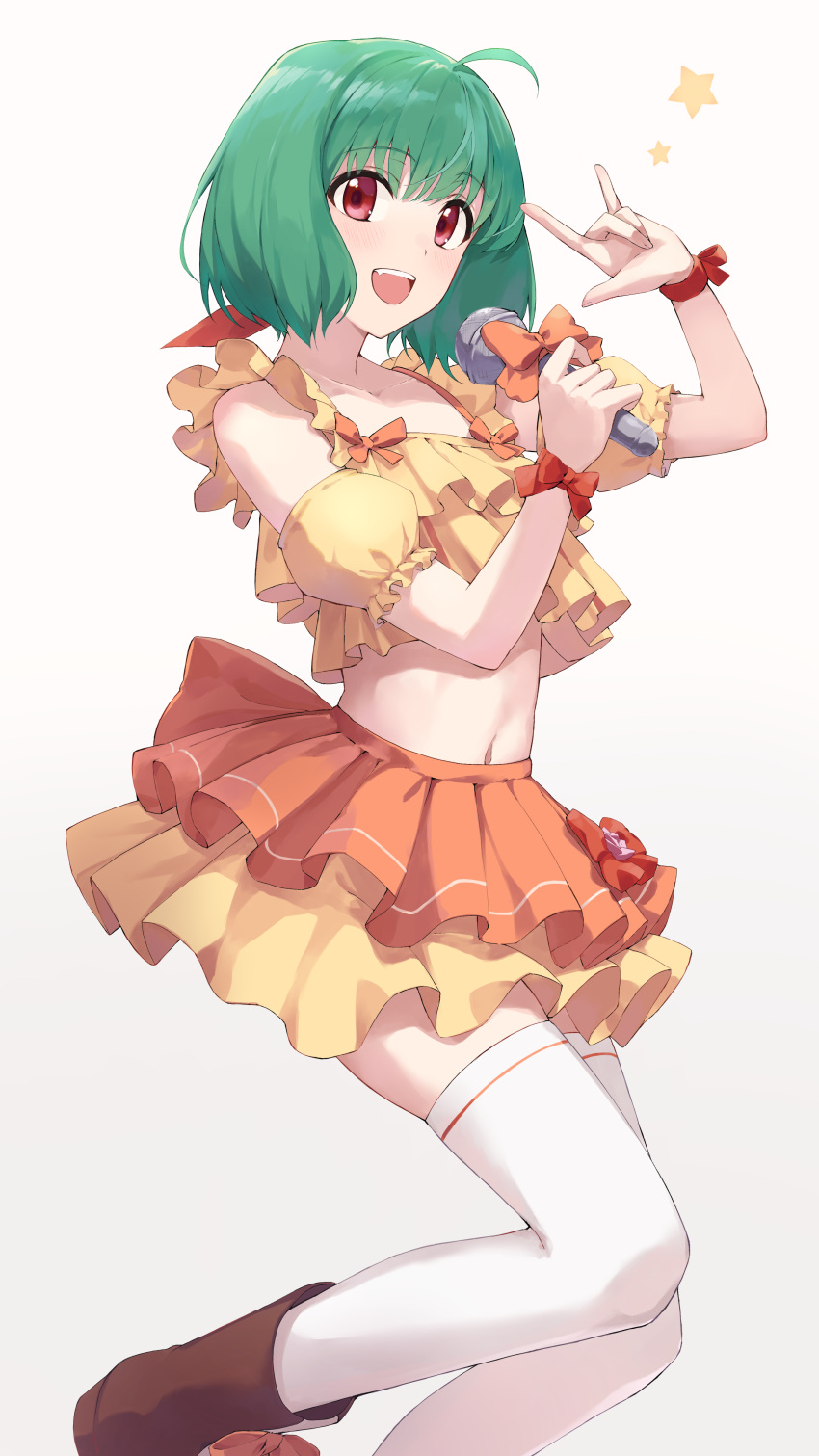1girl :d \m/ absurdres ahoge boots brown_footwear camisole detached_sleeves frilled_camisole frills green_hair hand_up highres holding holding_microphone idol layered_skirt looking_at_viewer macross macross_frontier marie_(pixiv31942978) microphone midriff music navel orange_camisole orange_skirt puffy_short_sleeves puffy_sleeves ranka_lee red_eyes red_ribbon ribbon seikan_hikou short_sleeves simple_background singing skirt smile solo star_(symbol) thighhighs white_background white_thighhighs wrist_ribbon
