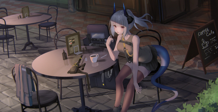 1girl absurdres alternate_costume arknights black_skirt blush breasts brown_thighhighs bush casual chair chalkboard coffee coffee_cup cup disposable_cup dragon_girl dragon_horns dragon_tail grey_footwear grey_hair grey_jacket grey_shirt highres horns jacket jacket_removed large_breasts liskarm_(arknights) long_hair looking_at_viewer menu on_chair open_mouth outdoors pavement ponytail red_eyes shield shirt shoes sitting skirt sleeveless sleeveless_shirt sthk table tail thighhighs
