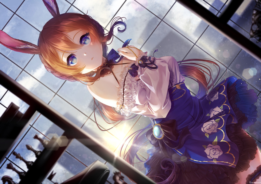 1girl absurdres alternate_costume amiya_(arknights) animal_ear_fluff animal_ears arknights bare_shoulders bishop_(chess) black_bow black_collar blue_dress blue_eyes blue_gemstone blue_nails blue_ribbon bow brown_hair carousel chain chess_piece cloud collar commentary cowboy_shot dress dress_bow dutch_angle fingernails floating_hair frilled_dress frills gem hair_between_eyes hand_up highres king_(chess) knight_(chess) korotrishia lace-trimmed_dress lace_trim lens_flare long_hair looking_at_viewer nail_polish off-shoulder_dress off_shoulder parted_lips ponytail queen_(chess) rabbit_ears ribbon rook_(chess) shelf sky solo sunrise two-tone_dress very_long_hair white_dress window