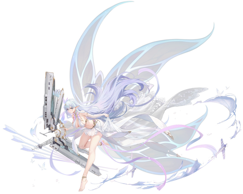 1girl aircraft airplane albion_(azur_lane) arrow_(projectile) azur_lane bangs bare_shoulders barefoot blue_eyes blue_hair bow_(weapon) breasts bridal_gauntlets bug butterfly butterfly_wings cleavage elf full_body gold_trim highres holding holding_weapon large_breasts leaning_forward leg_up long_hair looking_at_viewer midriff navel ng_jie official_art pointy_ears see-through skirt skirt_hold sleeveless solo stomach thighs toes transparent_background weapon wings