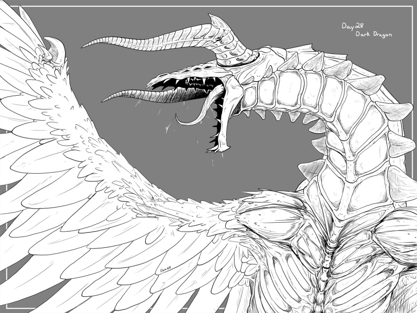 dragon ewna-art extra_eyes feathered_wings fire_emblem fire_emblem_awakening greyscale grima_(fire_emblem) highres horns long_tongue looking_to_the_side monochrome no_humans roaring scales sharp_teeth teeth tongue wings