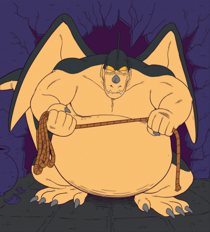 anthro belly big_belly blush dragon dragon_ball giran hi_res horn male muscular muscular_male ottlyoo overweight overweight_male rope scalie solo strongfat wings