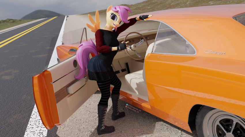 3d_(artwork) absurd_res animal_humanoid anthro blender_(software) boots bottomwear car clothed clothing digital_media_(artwork) equid equid_humanoid equine female flutterpink_3d footwear friendship_is_magic gloves handwear hasbro hi_res horse humanoid mammal mammal_humanoid my_little_pony outside pegasus pegasus_humanoid pony road scootaloo_(mlp) shirt shoes skirt small_wings solo topwear vehicle wings
