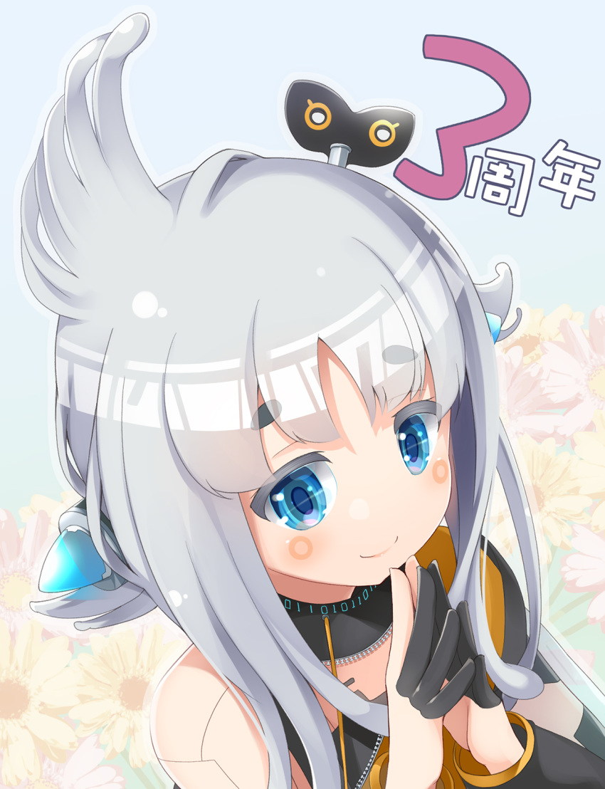 1girl 774_inc. and_uge bangs bare_shoulders blue_eyes closed_mouth cowlick dress flower grey_hair highres joints long_hair looking_at_viewer own_hands_together robot_joints sch sleeveless sleeveless_dress smile solo steepled_fingers thick_eyebrows upper_body v_ap_art virtual_youtuber winding_key