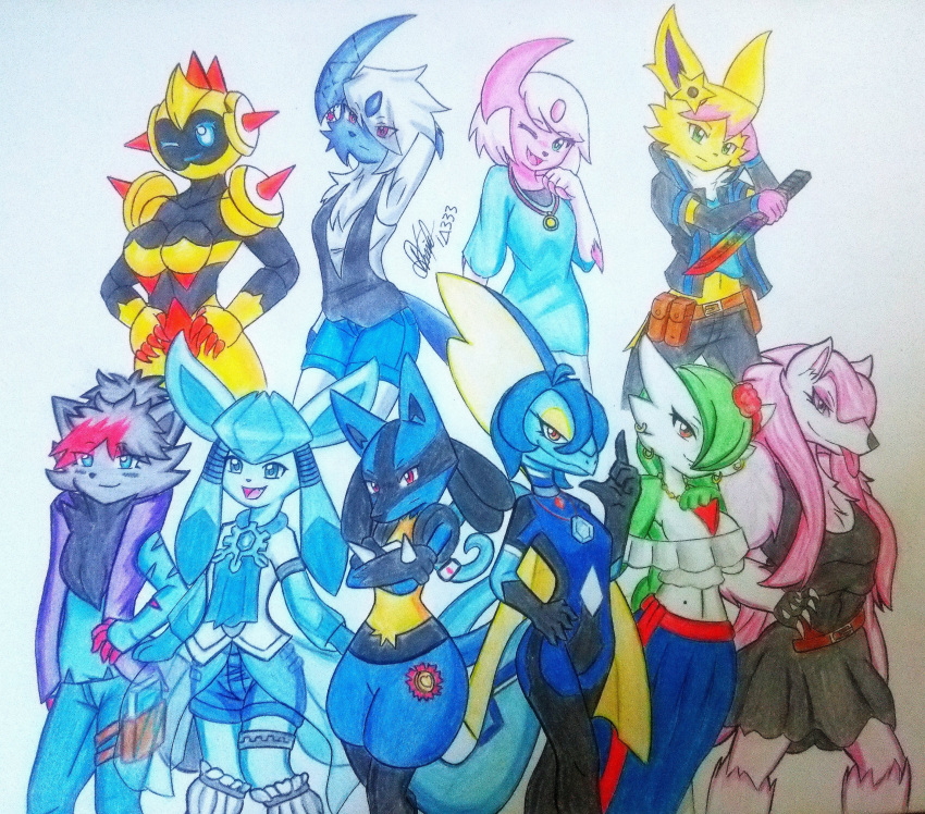2021 absol absurd_res accessory anthro blue_body blue_fur clothing crossed_arms eeveelution fan_character female flower flower_in_hair fur gardevoir generation_1_pokemon generation_3_pokemon generation_4_pokemon generation_5_pokemon generation_8_pokemon glaceon green_hair group hair hair_accessory hand_behind_head hand_on_hip hi_res humanoid ideltasarc333 inteleon jolteon lucario nintendo obstagoon one_eye_closed pink_hair plant pokemon pokemon_(species) signature simple_background tagme traditional_media_(artwork) video_games white_background white_body white_fur white_hair yellow_body yellow_fur zorua