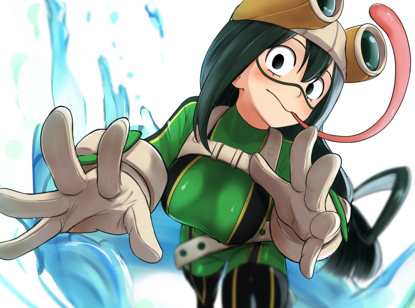 1girl :&gt; asui_tsuyu belt blurry blurry_background bodysuit boku_no_hero_academia dark_green_hair frog_girl gloves goggles goggles_on_head green_bodysuit green_eyes hair_rings highres long_hair long_tongue looking_at_viewer low-tied_long_hair outstretched_arms solo splashing tongue water white_background yoo_tenchi