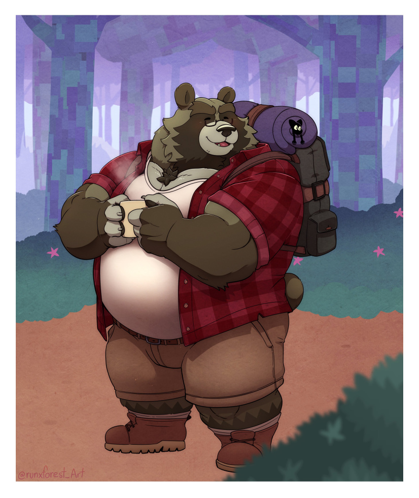 2022 absurd_res anthro backpack belly big_belly black_nose bottomwear canid canine clothing detailed_background eyes_closed eyewear glasses green_body hi_res humanoid_hands male mammal outside overweight overweight_male pants raccoon_dog runxforest shirt solo tanuki topwear