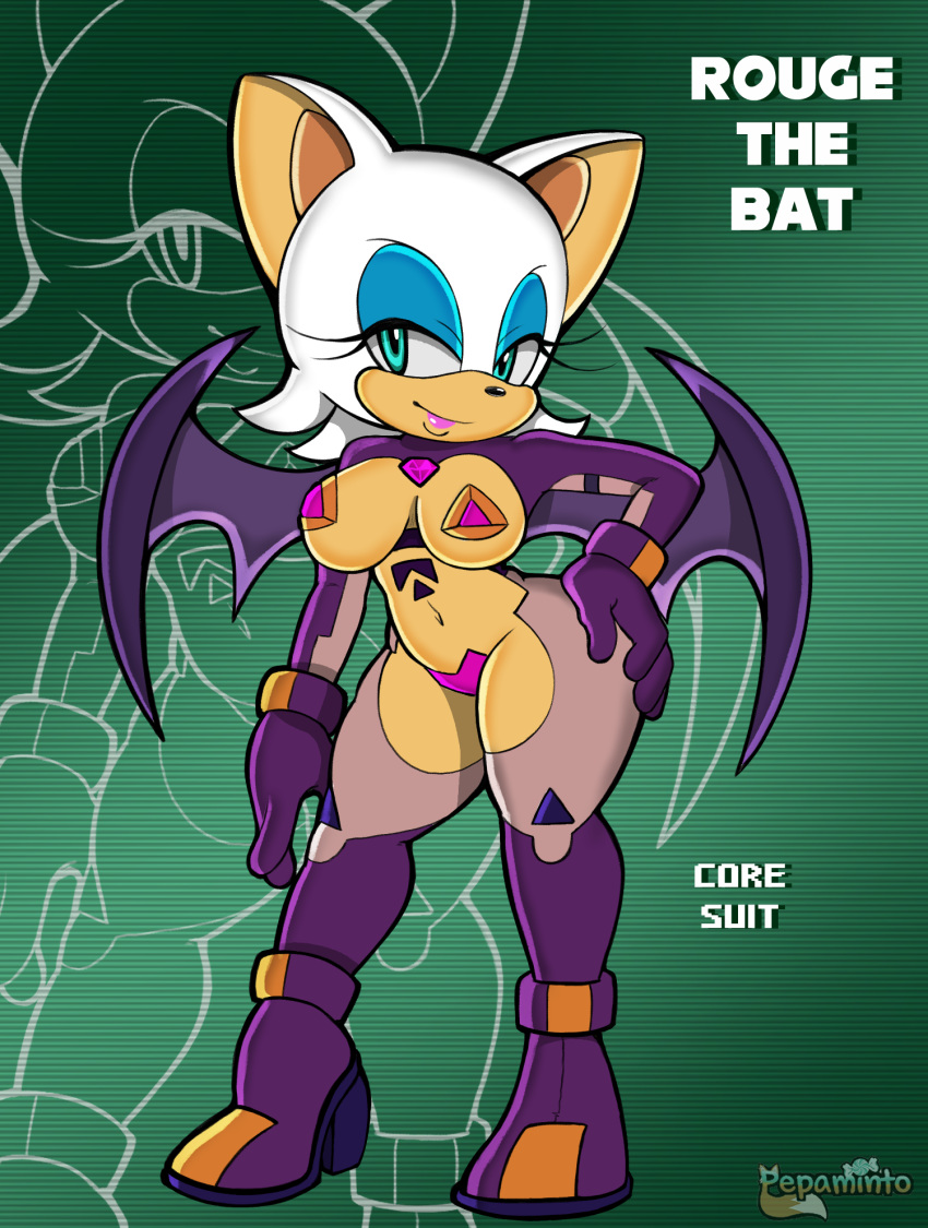 anthro big_breasts body_tattoo bodysuit breasts chest_gem chiropteran clothing eyeshadow female hi_res latex lipstick makeup mammal membrane_(anatomy) membranous_wings pepamintop pose rouge_the_bat sega skinsuit smile solo sonic_the_hedgehog_(series) tight_clothing wings