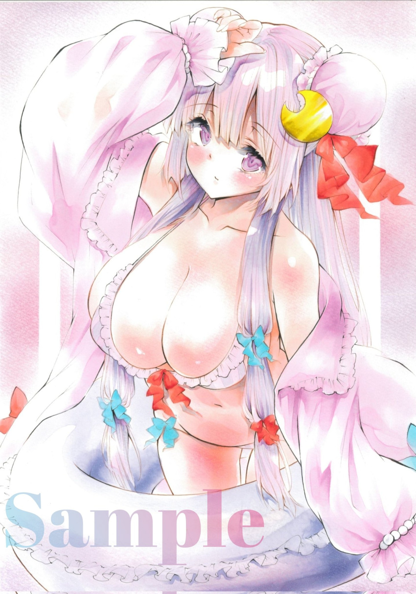 1girl arim0k0 bikini blue_bow bow closed_mouth cowboy_shot crescent crescent_pin double_bun dress hair_bow hair_bun highres leaning_forward long_hair looking_at_viewer multiple_bows navel patchouli_knowledge pink_dress purple_bikini purple_eyes purple_hair red_bow sample_watermark sidelocks solo standing swimsuit touhou traditional_media