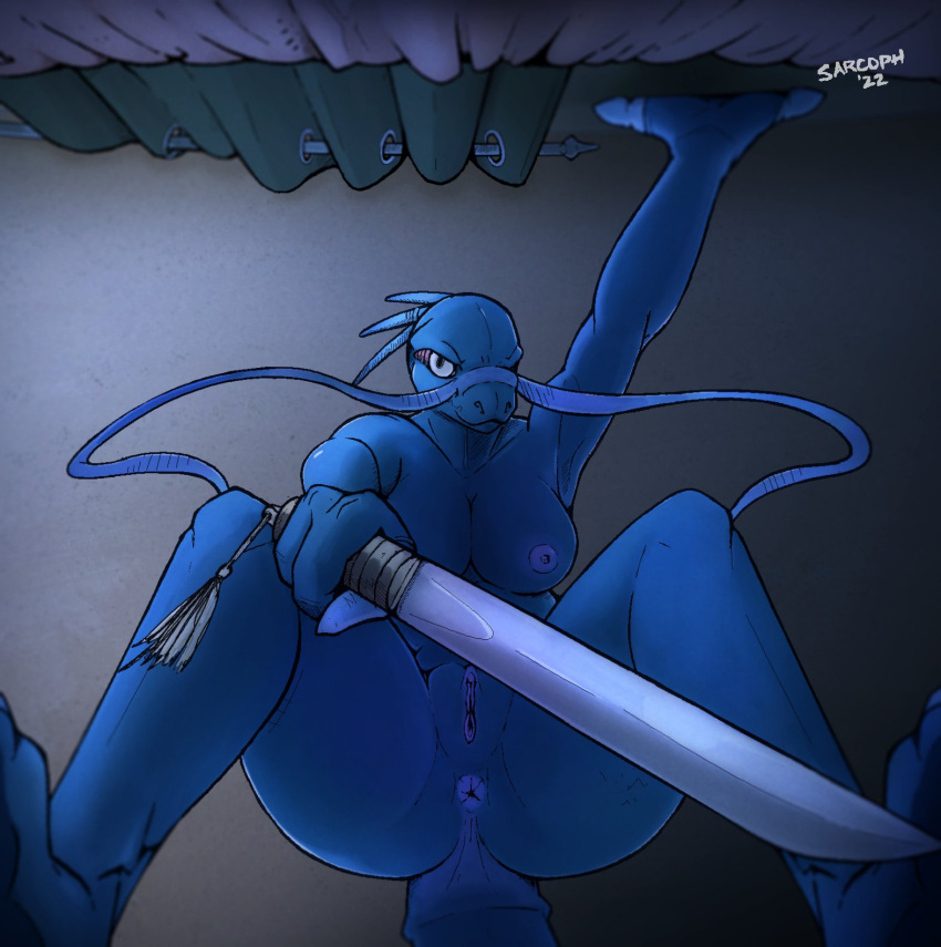 2022 anthro anus barefoot biped blue_body breasts feet female genitals hi_res holding_knife holding_object knife looking_at_viewer nipples nude pussy sajjas sarcoph solo
