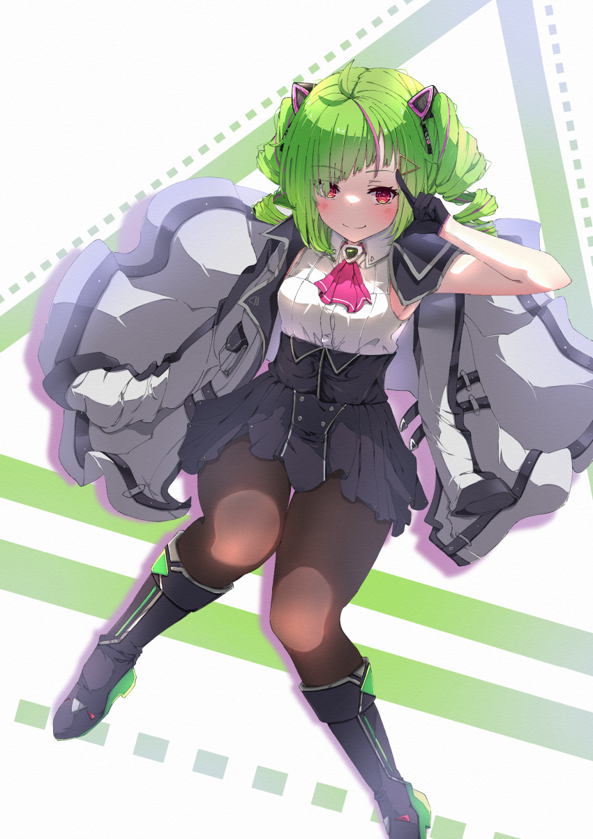 1girl absurdres ahoge animal_ears armpit_peek bangs black_gloves black_skirt blush boots brown_pantyhose cat_ears closed_mouth coat coat_partially_removed collared_shirt delutaya diagonal_bangs drill_hair gloves green_hair high_collar highres indie_virtual_youtuber kire_(hayagu) knee_boots long_sleeves multicolored_hair pantyhose pink_hair red_eyes shirt simple_background skirt sleeveless sleeveless_shirt sleeves_past_wrists smile solo triangle triangle_hair_ornament twin_drills twintails two-tone_hair virtual_youtuber white_coat white_shirt