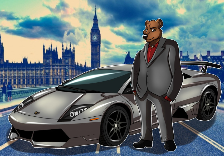 2018 anthro big_ben black_clothing black_footwear black_nose black_shoes black_suit brown_body brown_eyes brown_fur car clothing cloud cloudy footwear fur grey_car jewelry lamborghini lamborghini_murcielago london male mammal necklace photo_background red_clothing red_shirt red_topwear shirt shoes sinister-jordex solo spoiler spoiler_(car) standing suit supercar topwear ursid vehicle