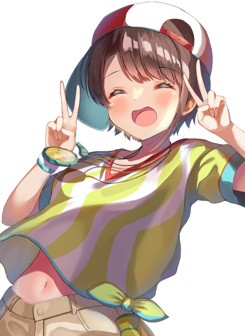 1girl :d ^_^ absurdres backwards_hat bangs baseball_cap blush brown_hair closed_eyes cowboy_shot double_v hat highres hololive midriff_peek navel oozora_subaru open_mouth rappi red_headwear shirt short_hair short_sleeves simple_background smile stopwatch striped striped_shirt sweatband swept_bangs t-shirt tied_shirt two-tone_headwear two-tone_shirt v vertical-striped_shirt vertical_stripes virtual_youtuber whistle white_background white_headwear white_shirt wristband yellow_shirt