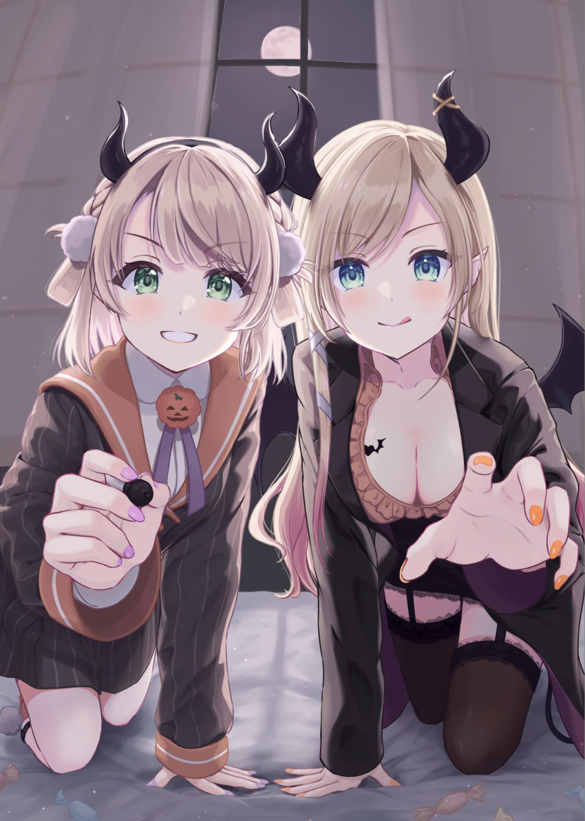 2girls :q all_fours arm_support bangs blonde_hair blue_eyes blush breast_tattoo breasts brown_thighhighs cleavage demon_horns demon_wings full_moon garter_straps green_eyes grin hair_ornament highres holding holding_marker hololive horns indoors long_hair long_sleeves looking_at_viewer marker medium_breasts moon multiple_girls okachi_yuu orange_nails orange_sailor_collar pom_pom_(clothes) pom_pom_hair_ornament purple_nails sailor_collar shigure_ui_(vtuber) smile tattoo thighhighs tongue tongue_out very_long_hair virtual_youtuber white_thighhighs wings yuzuki_choco