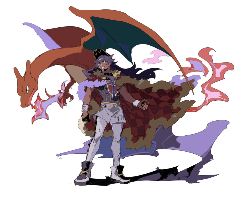 1boy apios1 baseball_cap breathing_fire cape champion_uniform charizard dark-skinned_male dark_skin dynamax_band facial_hair fire flame-tipped_tail full_body fur-trimmed_cape fur_trim gloves hat highres leggings leon_(pokemon) looking_away male_focus poke_ball pokemon pokemon_(creature) pokemon_(game) pokemon_swsh purple_hair shadow shield_print shirt shoes short_sleeves shorts simple_background single_glove smile sneakers standing sword_print ultra_ball white_background white_shorts yellow_eyes