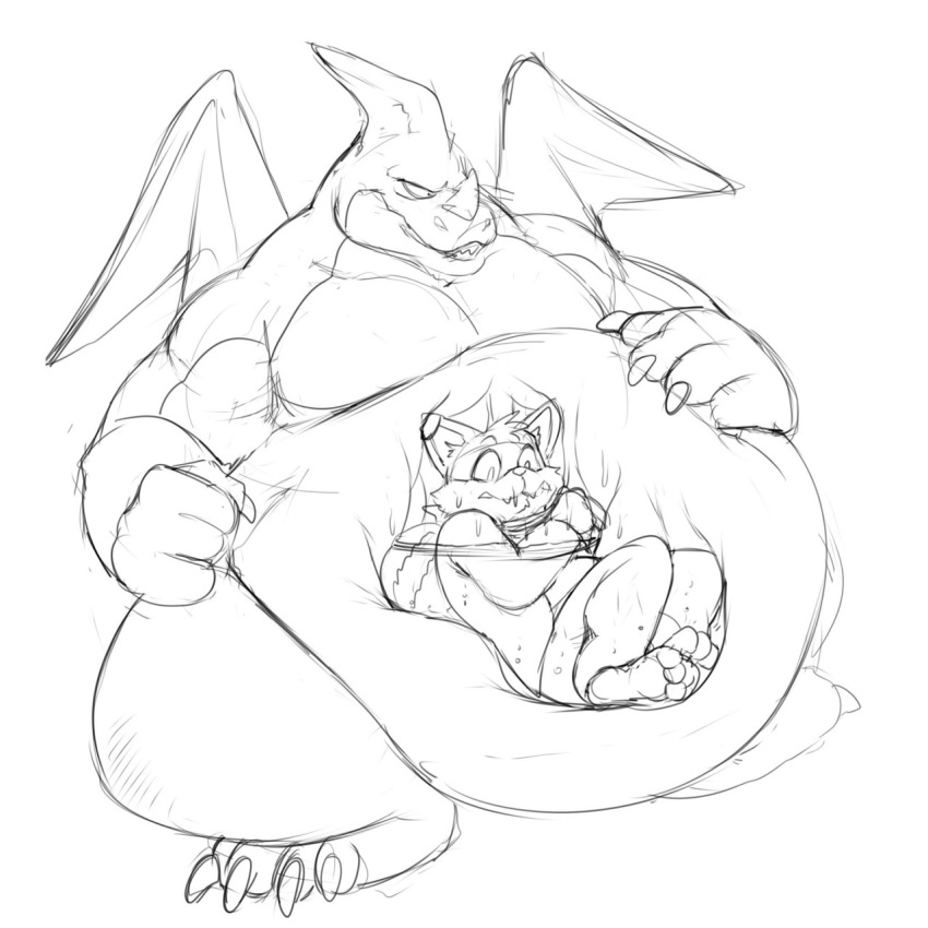 anthro azathura belly big_belly dragon dragon_ball duo giran hand_on_stomach hi_res internal male male/male mammal muscular muscular_male organs overweight overweight_male procyonid raccoon same_size_vore scalie stomach vore wings