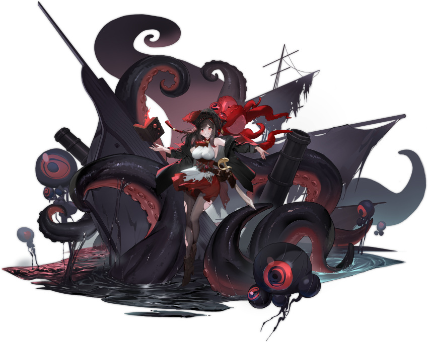 1girl ankle_boots ascot azur_lane bangs bare_shoulders belt book boots breasts brown_hair cannon corsair floating floating_object full_body hat high_heel_boots high_heels highres hougu_souji jacket large_breasts long_hair long_sleeves looking_at_viewer octopus off_shoulder official_art open_book open_clothes pantyhose pirate pirate_hat red_eyes royal_fortune_(azur_lane) shiny shiny_clothes ship simple_background skirt sword tentacles torn_clothes torn_legwear torn_skirt water watercraft weapon