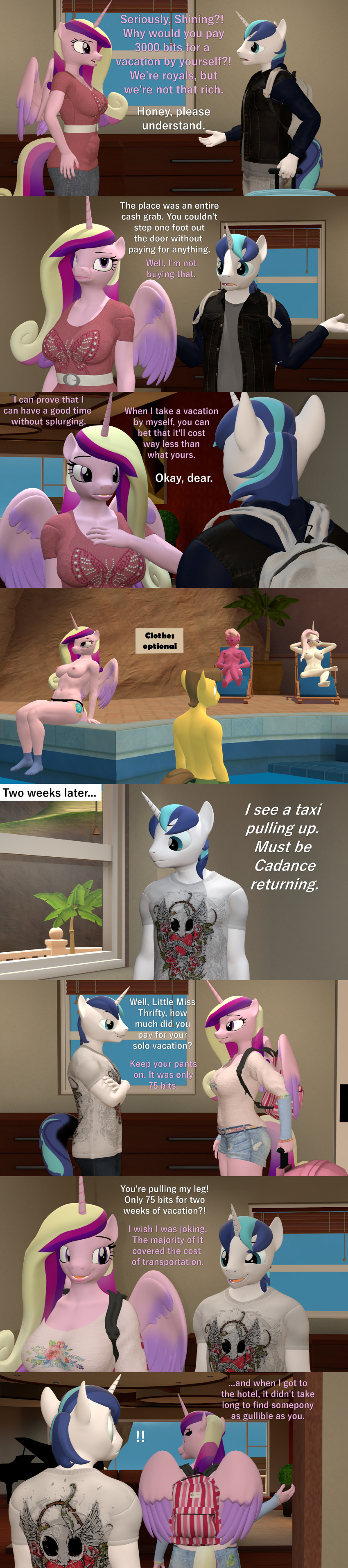 3d_(artwork) absurd_res anthro anthrofied breasts cheerilee_(mlp) clothed clothing crossed_legs digital_media_(artwork) equid equine female fleur_de_lis_(mlp) friendship_is_magic hair hasbro hi_res horn husband_and_wife long_image male mammal married_couple my_little_pony nipples nude papadragon69 pink_body pink_hair princess_cadance_(mlp) shining_armor_(mlp) swimming_pool tall_image topless unicorn white_body winged_unicorn wings