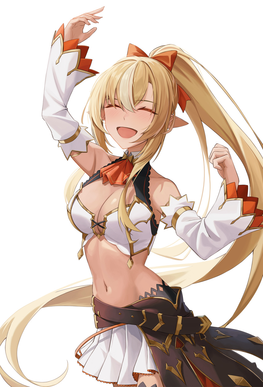 1girl :d belt blonde_hair bow breasts cleavage closed_eyes detached_sleeves facing_viewer hair_bow highres hololive long_hair multicolored_hair navel ponytail red_bow rm_up shiranui_flare skirt smile standing streaked_hair very_long_hair white_skirt yt9676