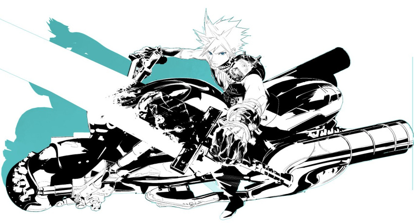 1boy aqua_eyes aqua_theme armor baggy_pants belt black_gloves boots buster_sword cloud_strife cofffee final_fantasy final_fantasy_vii final_fantasy_vii_remake furrowed_brow gloves ground_vehicle holding holding_sword holding_weapon looking_at_viewer male_focus monochrome motor_vehicle motorcycle on_motorcycle pants short_hair shoulder_armor sleeveless sleeveless_turtleneck solo spiked_hair suspenders sword toned toned_male turtleneck weapon white_background