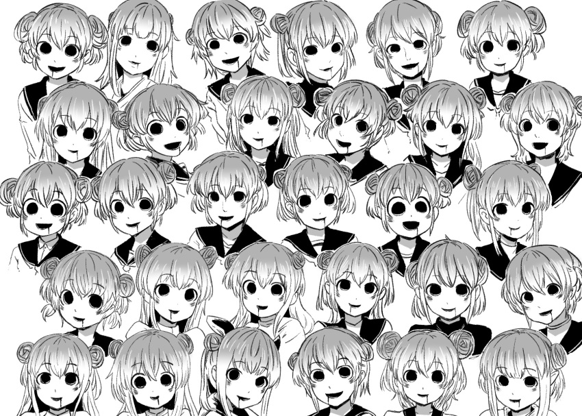 4shi black_sailor_collar blank_eyes blush dango-chan_(4shi) double_bun drooling fading grey_hair greyscale hair_bun highres looking_at_viewer looking_away looking_to_the_side monochrome multicolored_hair open_mouth open_smile original sailor_collar short_hair smile translation_request white_background white_hair