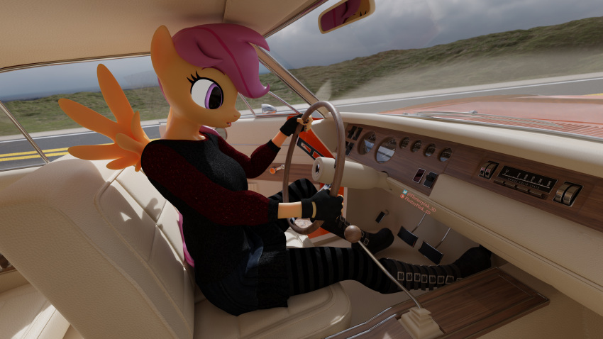 3d_(artwork) absurd_res animal_humanoid anthro blender_(software) boots bottomwear car clothed clothing digital_media_(artwork) equid equid_humanoid equine female flutterpink_3d footwear friendship_is_magic gloves handwear hasbro hi_res horse humanoid mammal mammal_humanoid my_little_pony outside pegasus pegasus_humanoid pony road scootaloo_(mlp) shirt shoes skirt small_wings solo topwear vehicle wings