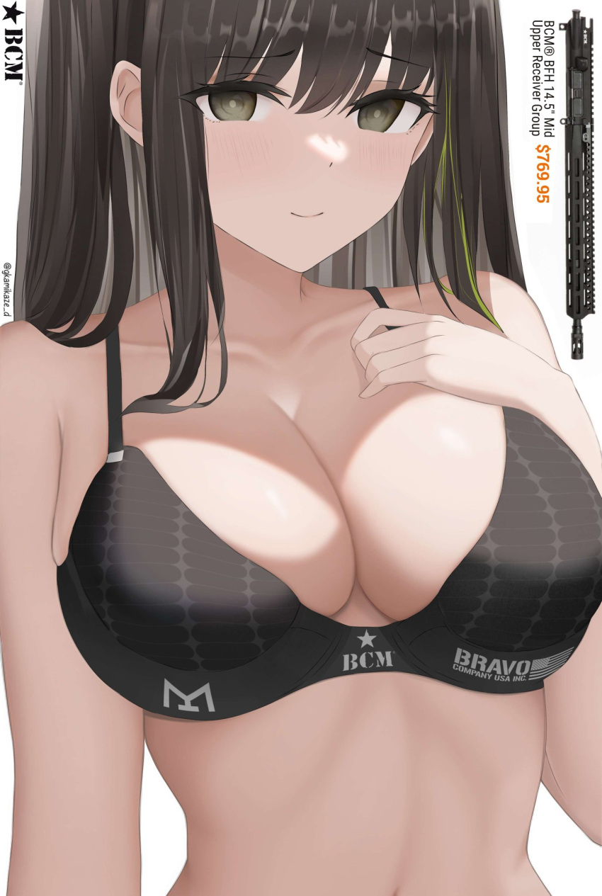 1girl ar-15 bare_arms bare_shoulders black_bra black_eyes blush bra breasts brown_hair cleavage collarbone dgkamikaze english_commentary girls'_frontline green_hair gun hair_between_eyes highres large_breasts long_hair looking_at_viewer m4a1_(girls'_frontline) multicolored_hair rifle smile solo streaked_hair underwear upper_body weapon