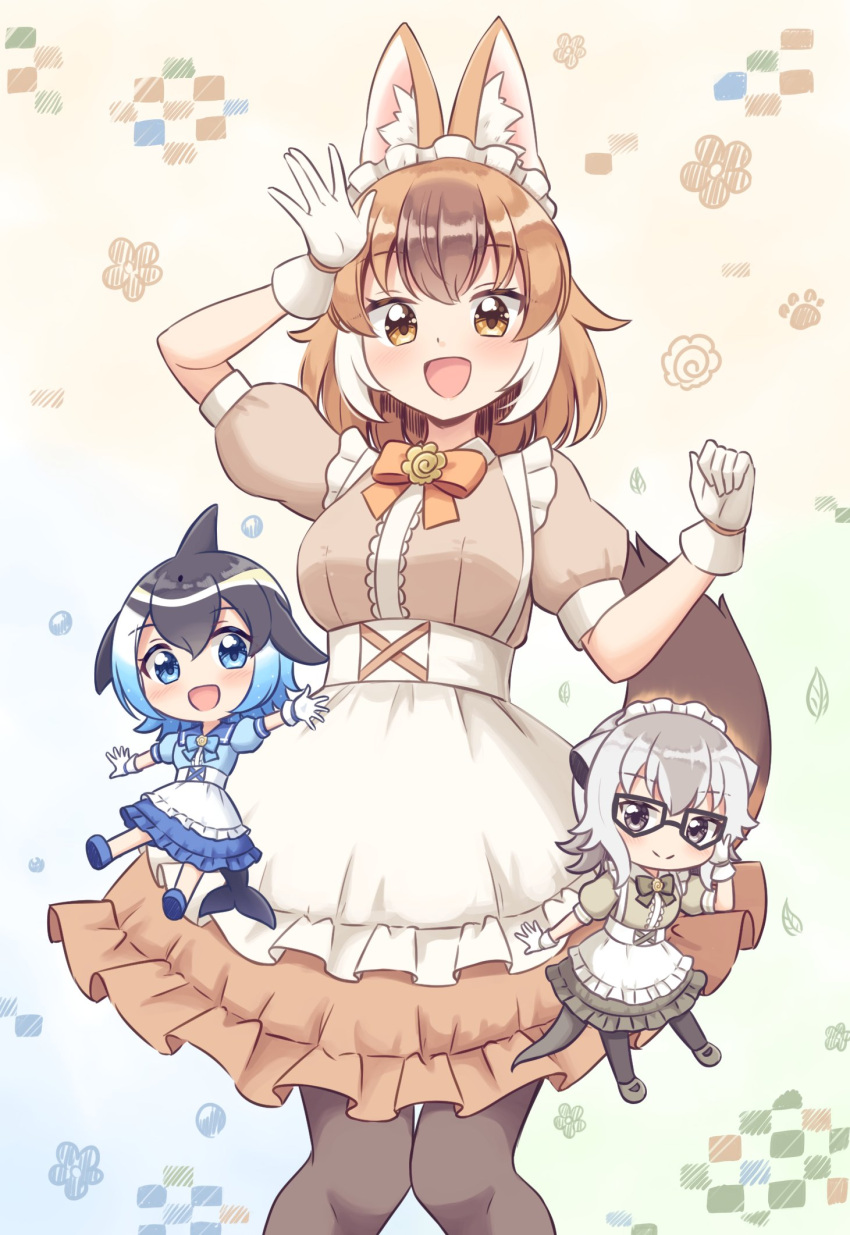 3girls adapted_costume alternate_costume animal_ears apron black_hair black_pantyhose blonde_hair blowhole blue_bow blue_bowtie blue_dress blue_hair blush bow bowtie brown_bow brown_bowtie brown_dress brown_hair cetacean_tail chibi collared_dress commentary_request common_dolphin_(kemono_friends) dhole_(kemono_friends) dog_ears dog_girl dog_tail dolphin_girl dorsal_fin dress enmaided frilled_apron frilled_dress frills glasses gloves grey_dress grey_hair hair_between_eyes hand_on_eyewear highres kemono_friends light_brown_hair long_hair maid maid_apron maid_headdress matching_outfit meerkat_(kemono_friends) meerkat_ears multicolored_hair multiple_girls pantyhose puffy_short_sleeves puffy_sleeves salute shiraha_maru short_hair short_sleeves smile tail two-tone_hair white_apron white_gloves white_hair