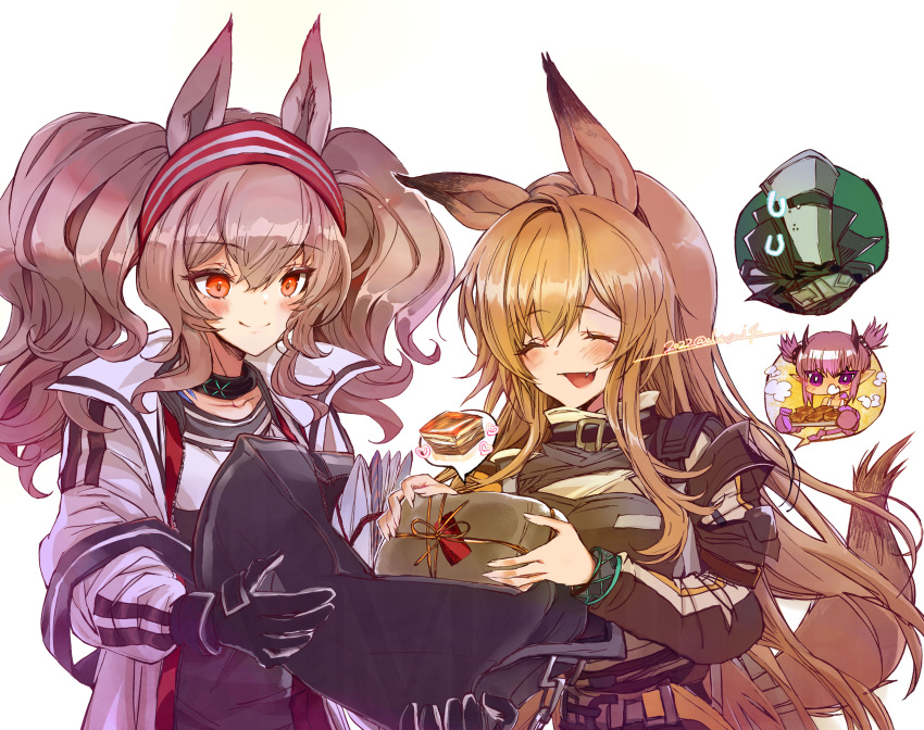 1other 3girls :d ^_^ absurdres alansmi4 angelina_(arknights) animal_ears apron arknights bag bangs black_gloves black_jacket black_shirt blush brown_hair ceobe_(arknights) character_request closed_eyes commentary_request dog_ears dog_girl dog_tail fang food gloves hair_between_eyes hairband heart highres holding holding_bag horns jacket lava_(arknights) long_hair long_sleeves multiple_girls open_clothes open_jacket oven_mitts pointy_ears puffy_long_sleeves puffy_sleeves purple_eyes purple_hair red_eyes red_hairband shirt simple_background smile steam striped striped_hairband sweat tail twintails twitter_username upper_body very_long_hair white_apron white_background white_jacket