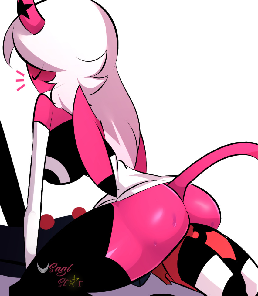 big_breasts big_butt blitzo_(helluva_boss) bodily_fluids breasts butt clothed clothing demon demon_humanoid duo facesitting female hair helluva_boss hi_res horn humanoid imp intraspecies long_hair male male/female multicolored_body partially_clothed pink_body red_body simple_background smile succubus thick_thighs two_tone_body usagi_star verosika_mayday_(helluva_boss) white_body white_hair