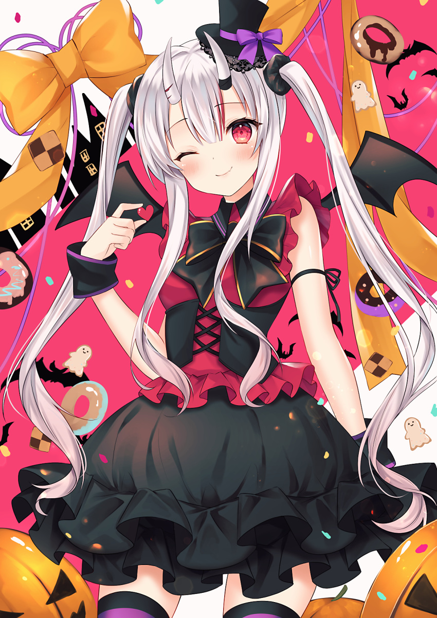 1girl alternate_costume bat_(animal) blush checkerboard_cookie commentary_request cookie cowboy_shot demon_wings doughnut food halloween_costume haruhitooo hat heart highres hololive horns jack-o'-lantern long_hair looking_at_viewer mini_hat multicolored_hair nakiri_ayame one_eye_closed oni oni_horns red_eyes red_hair solo streaked_hair thighhighs twintails very_long_hair virtual_youtuber white_hair wings wrist_cuffs