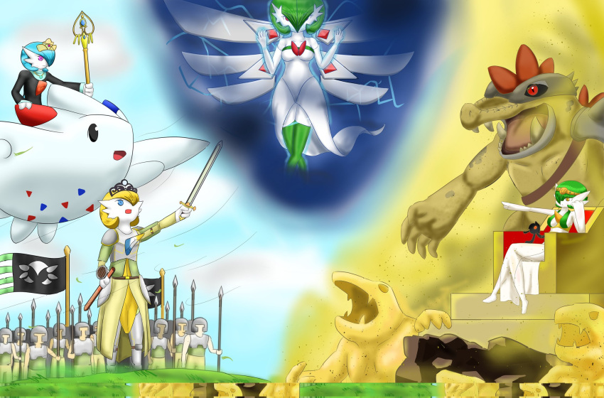 2020 3_fingers ambiguous_gender anthro army army_helmet banner blonde_hair blue_eyes chair clothing crown deity detailed_background egyptian_clothing egyptian_headdress female feraligatr fingers furniture gardevoir generation_2_pokemon generation_3_pokemon generation_4_pokemon green_hair group hair hi_res humanoid imminent_fight mega_evolution mega_gardevoir melee_weapon mferite nintendo not_furry pokemon pokemon_(species) purple_eyes queen royalty scepter sword throne tiara togekiss turquoise_hair video_games weapon yellow_eyes