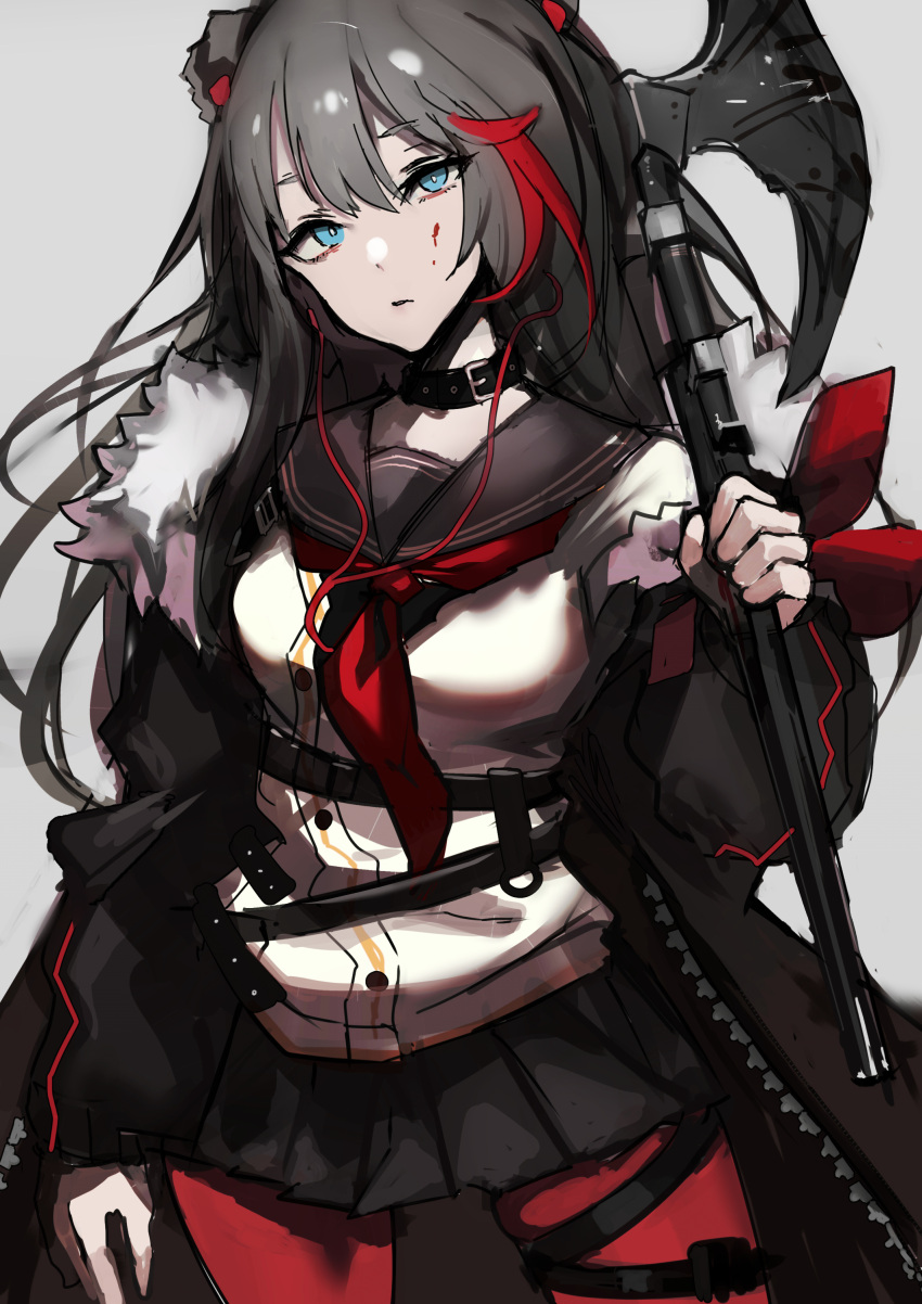 1girl absurdres animal_ears arknights axe bangs bear_ears black_hair black_jacket black_sailor_collar black_skirt blood blood_on_face blue_eyes chuhaibane closed_mouth fur-trimmed_jacket fur_trim grey_background hair_between_eyes head_tilt highres holding holding_axe jacket long_hair long_sleeves looking_at_viewer multicolored_hair neckerchief off_shoulder open_clothes open_jacket pantyhose pleated_skirt puffy_long_sleeves puffy_sleeves red_hair red_neckerchief red_pantyhose sailor_collar shirt simple_background skirt solo streaked_hair very_long_hair white_shirt zima_(arknights)