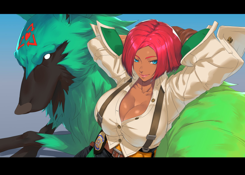 1girl absurdres arms_behind_head badge belt blue_eyes breasts brown_gloves cleavage collarbone dark-skinned_female dark_skin giovanna_(guilty_gear) gloves gradient gradient_background green_fur guilty_gear guilty_gear_strive highres ippo large_breasts lips long_sleeves looking_at_viewer parted_lips red_hair rei_(guilty_gear) shirt short_hair suspenders white_shirt wolf